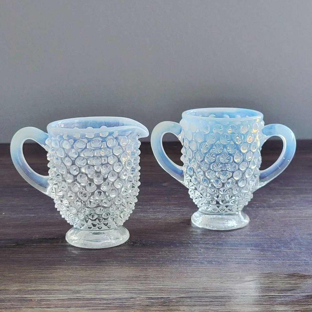 Fenton Hobnail French Opalescent Creamer & Sugar Bowl Vintage c1939-64 USA Made